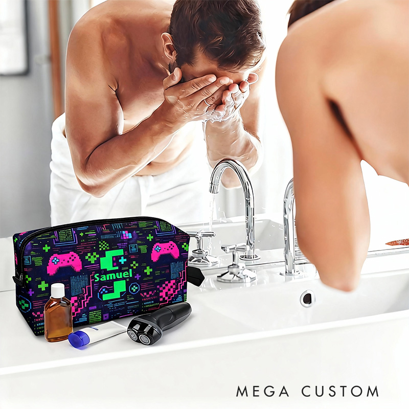Personalized Glitch Art Style Gamer Name Portable Toiletry Bag with Zipper and Handle Dopp Kit Travel Accessory Birthday Gift for Game Lover