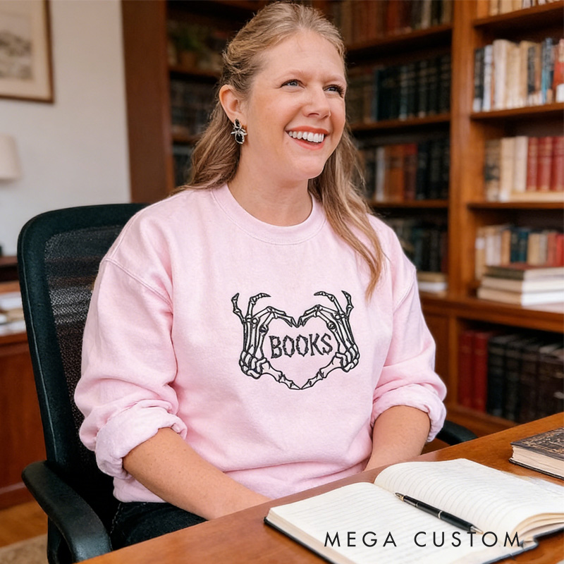Personalized Spooky Book Classic Sweatshirts Skull Heart Book Sweatshirt Valentine's Day Gift for Book Lover Reader Bookish Bookworm