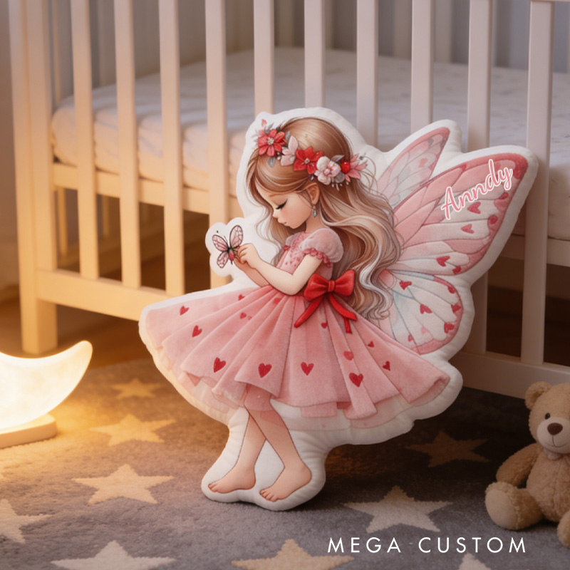 Personalized Heart Fairy Throw Pillow Graphic 3D Print Garden Fairy Pillow with Name for Girl Boy Kids Valentine's Day Gifts Loving Room Decor