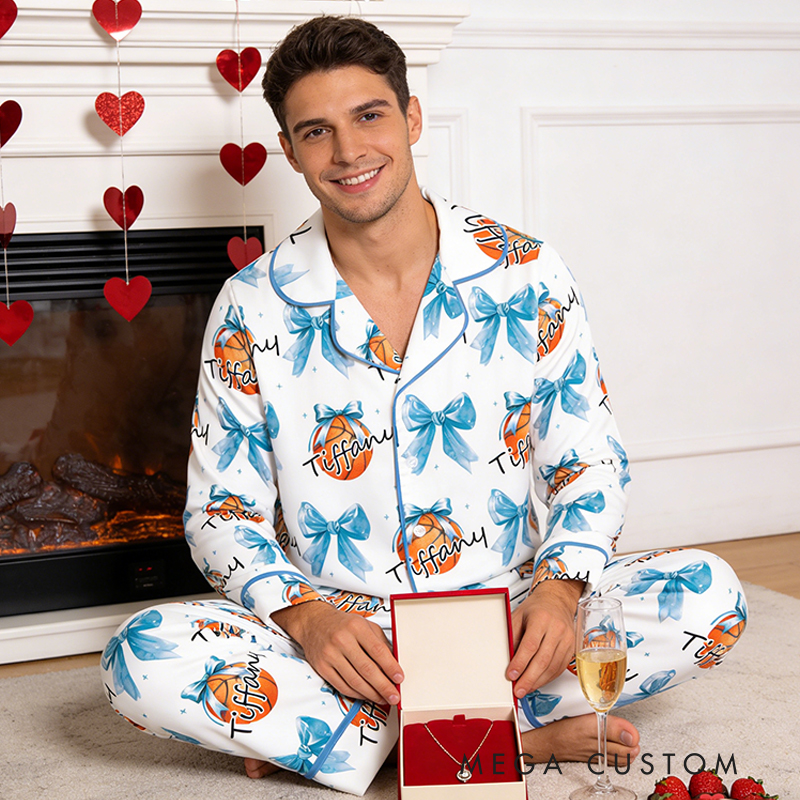 Personalized Couple Basketball Pajamas with Custom Name and Bow Design Gift for Anniversaries Valentine’s Day