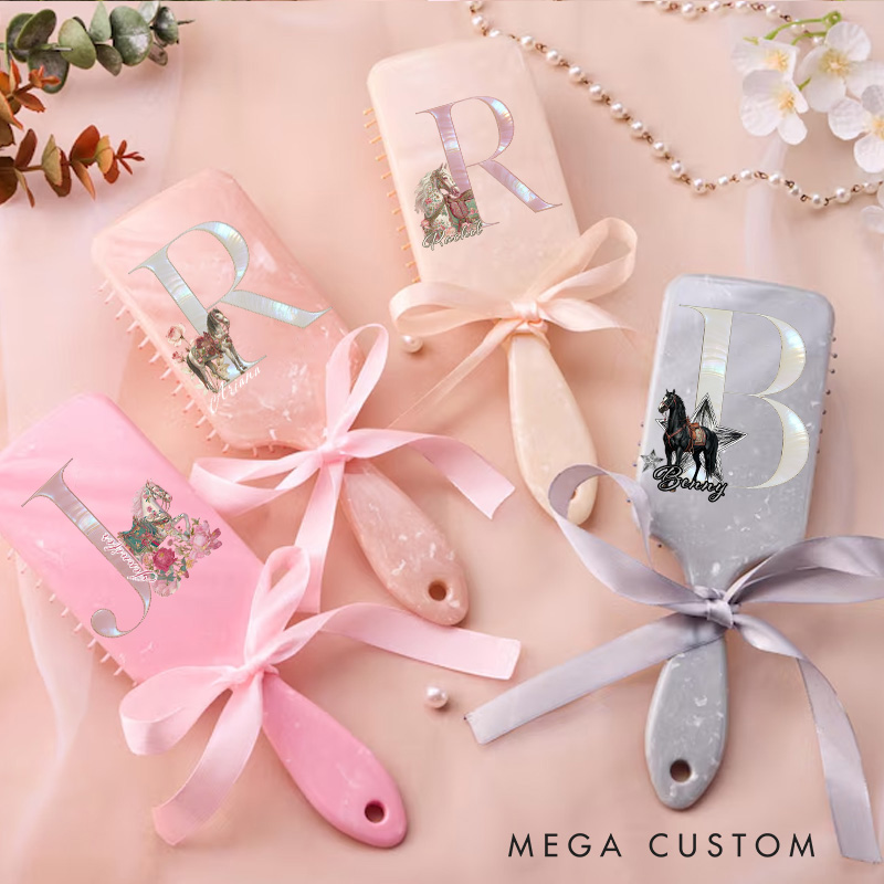 Personalized Horse Riding Initial Name Airbag Comb Hair Comb Pink Airbag Brush Anniversary Gifts for Girls for Horse Lovers Riding Lovers Equestrian Lovers