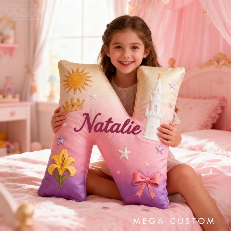 Personalized Graphic 3D Print Cartoon Tower And Love Tale Alphabet Shaped Pillow for Cartoon Lovers Initial Pillow Christmas Gift for Kids
