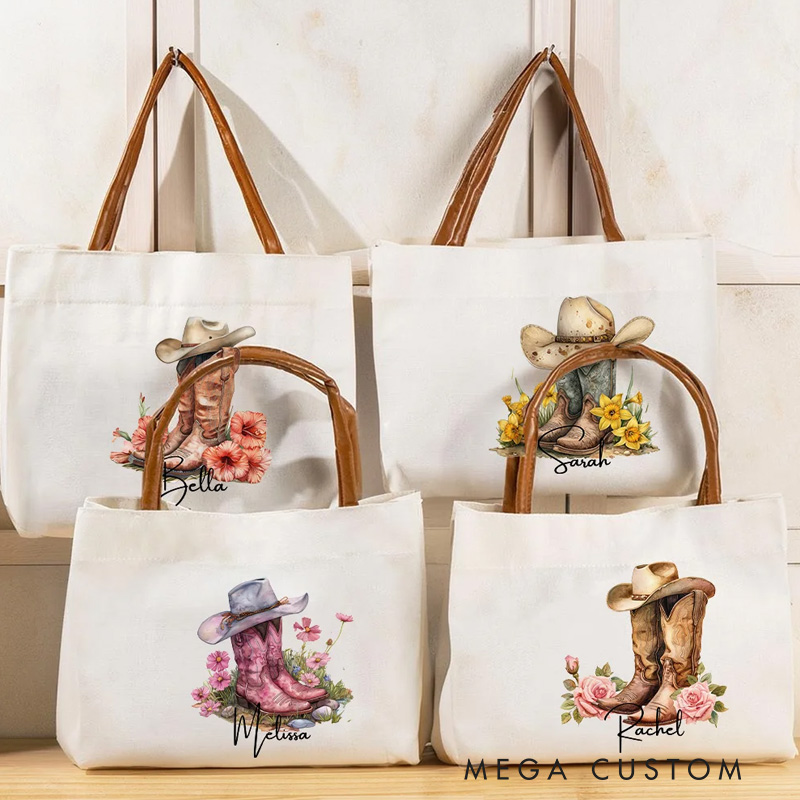 Personalized Birth Flower Western Cowgirl Boots Design Canvas Tote Bag with Name and Leather Handle Outdoor Gift for Women