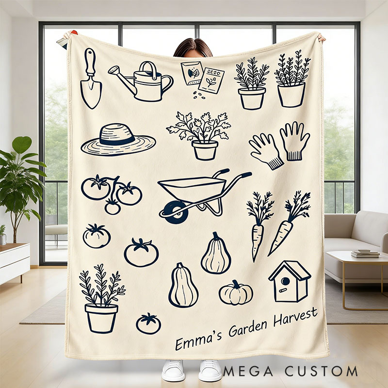 Personalized Garden Harvest Gardening Tools Blanket Garden Line Drawing for Gardening Lovers