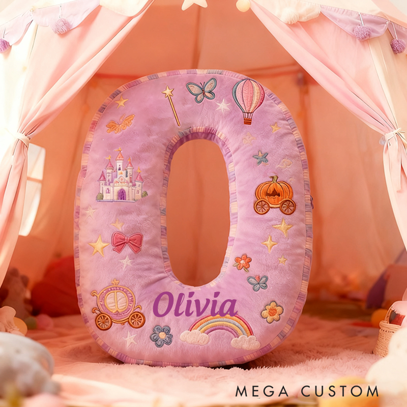 Personalized Princess Letter Christmas Gift Pillow Purple Design and Fairytale Embroidery Graphic 3D Print Pillow for Kids