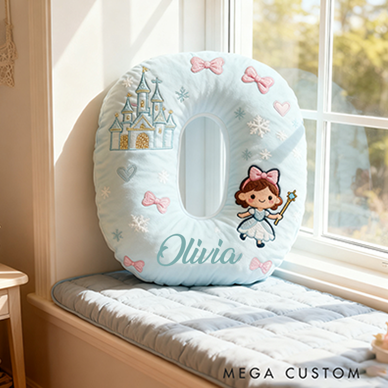 Personalized Light Blue Letter Christmas Gift Pillow with Castle Bow Accents and Fairy Princess Design for a Magical and Whimsical Touch 3D Print Pillow