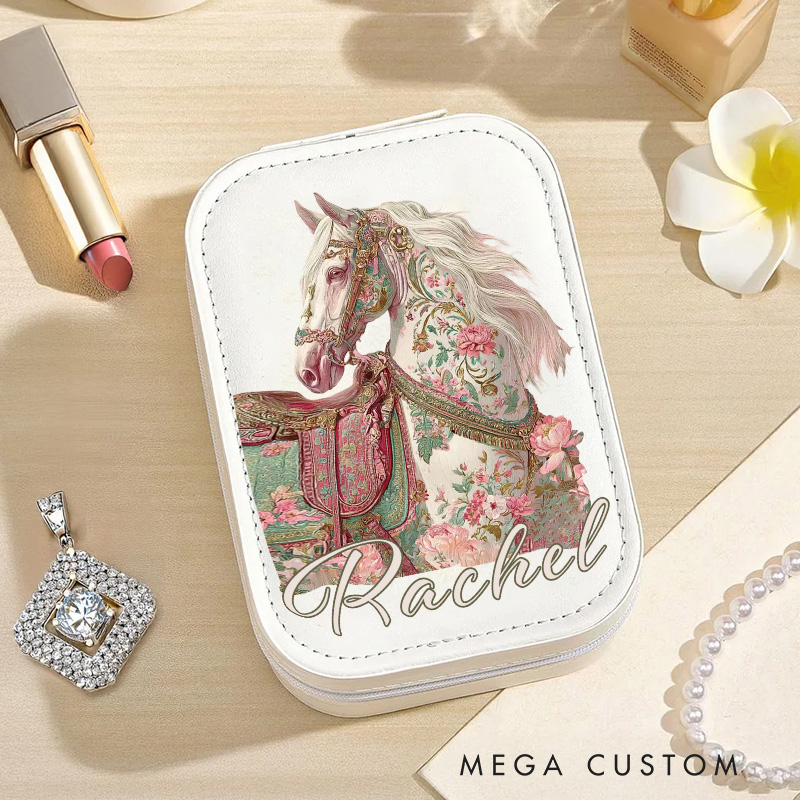 Personalized Horse Riding Initial Name PU Leather Jewelry Box with LED Three color Makeup Mirror Travel Essential Birthday Gift for Women for Girls for Horse Lovers Riding Lovers Equestrian Lovers