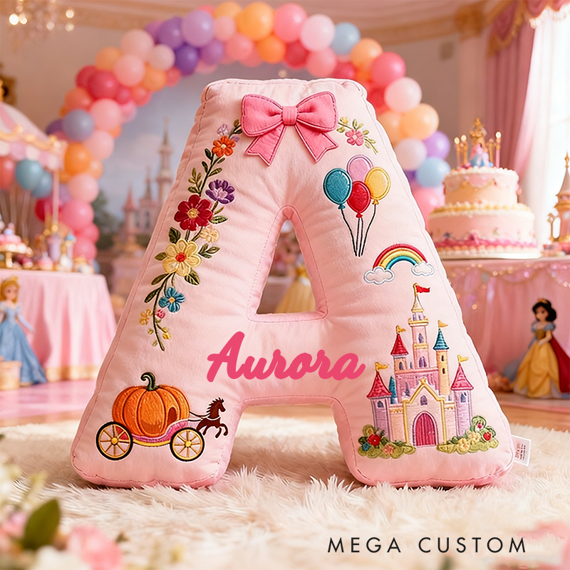 Personalized Pink Letter Christmas Gift Pillow with Castle Pumpkin Carriage Rainbow for a Fairytale Inspired Design Graphic 3D Print Pillow