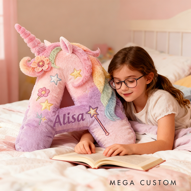 Personalized Letter Christmas Gift Pillow Pastel Rainbow Colors Stars Butterflies Magic Wand and Whimsical Fairy Tale Design Graphic 3D Print Pillow