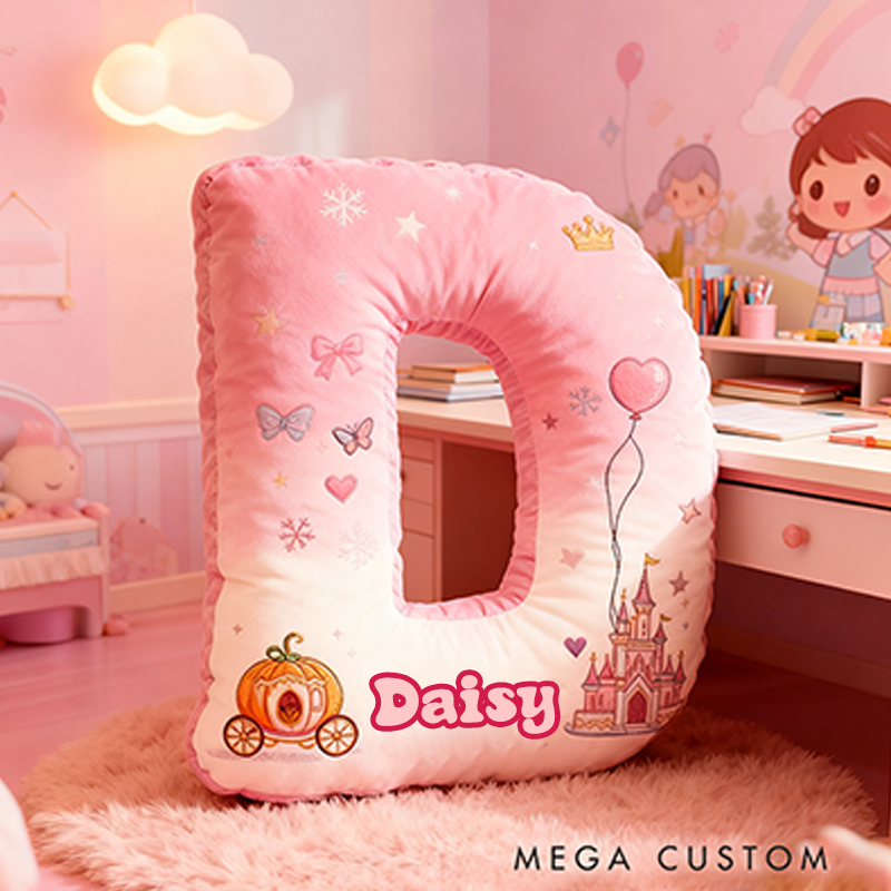 Personalized Letter Christmas Gift Pillow Princess Theme Castle Pumpkin Carriage Crown Balloons and Whimsical Fairy Tale Design Graphic 3D Print Pillow