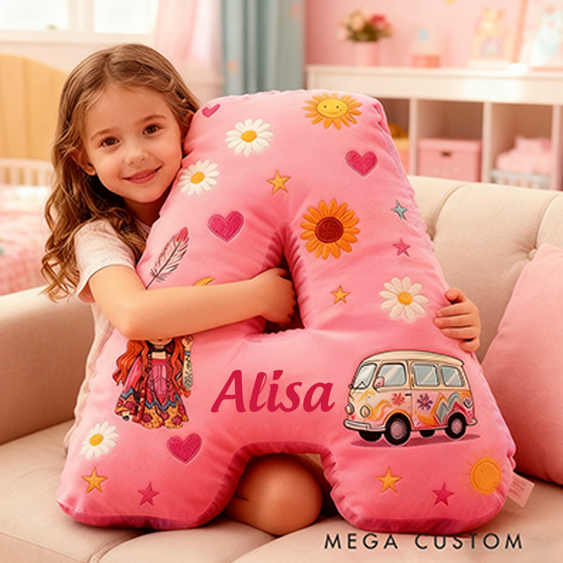 Personalized Letter Pink Christmas Gift Pillow Pink Hippie Design and Retro Boho Vibes Graphic 3D Print Pillow