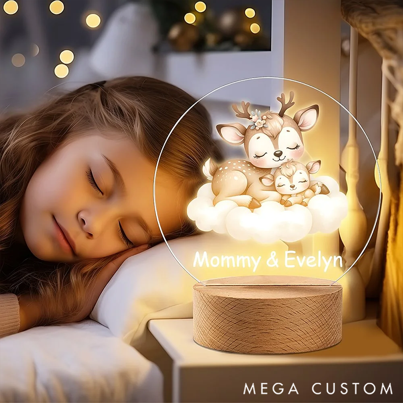 Personalized Sleeping Mommy Baby Animal Dreamy Moon Cloud LED Night Light with Wooden Base and Name Decor Birthday Gift for Kids