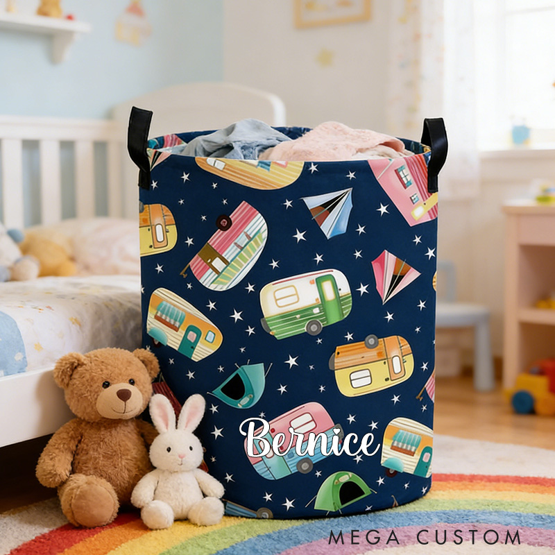 Personalized Camper Themed Laundry Storage Basket Retro Camper Basket Basket with Name Gifts for Kid Outdoor Camping Lover