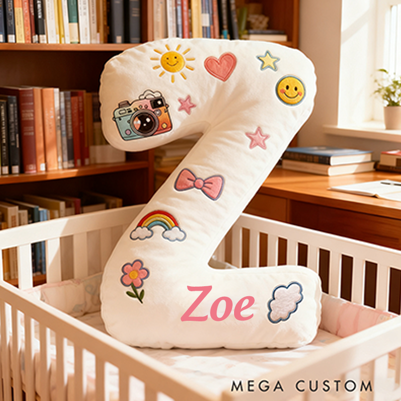 Personalized 26 Letters Shaped Christmas gift Pillow with Cute Camera Bowknots Flowers Smiley Faces Stars and Pastel Design Graphic 3D Print Pillow