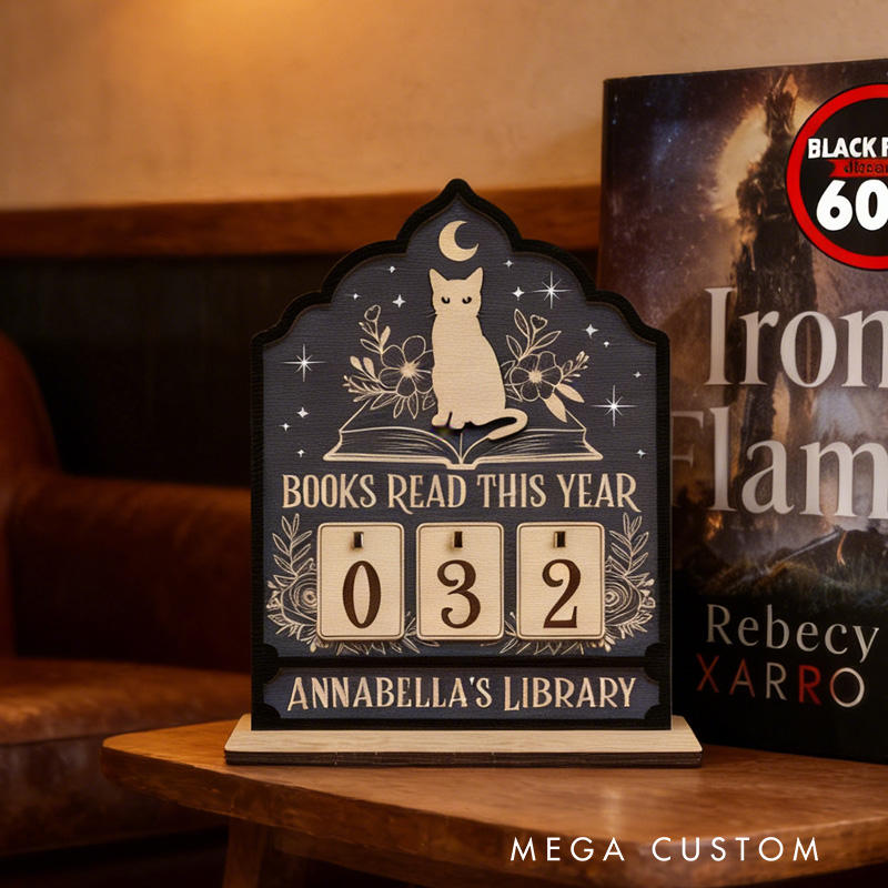 Personalized Books Read This Year Counter Vintage Book and Cat Reading Tracker with Name Bookshelf Decor for Book Lover Bookish Librarian Reader Christmas Gift