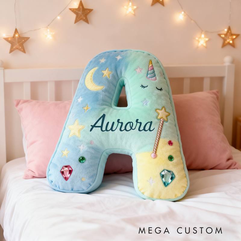 Personalized Colorful 26 Letters Unicorn Starry Dream Cute Graphic 3D Print Pillow Cute Magic Beautiful Letter Custom Pillow Gift for Kids