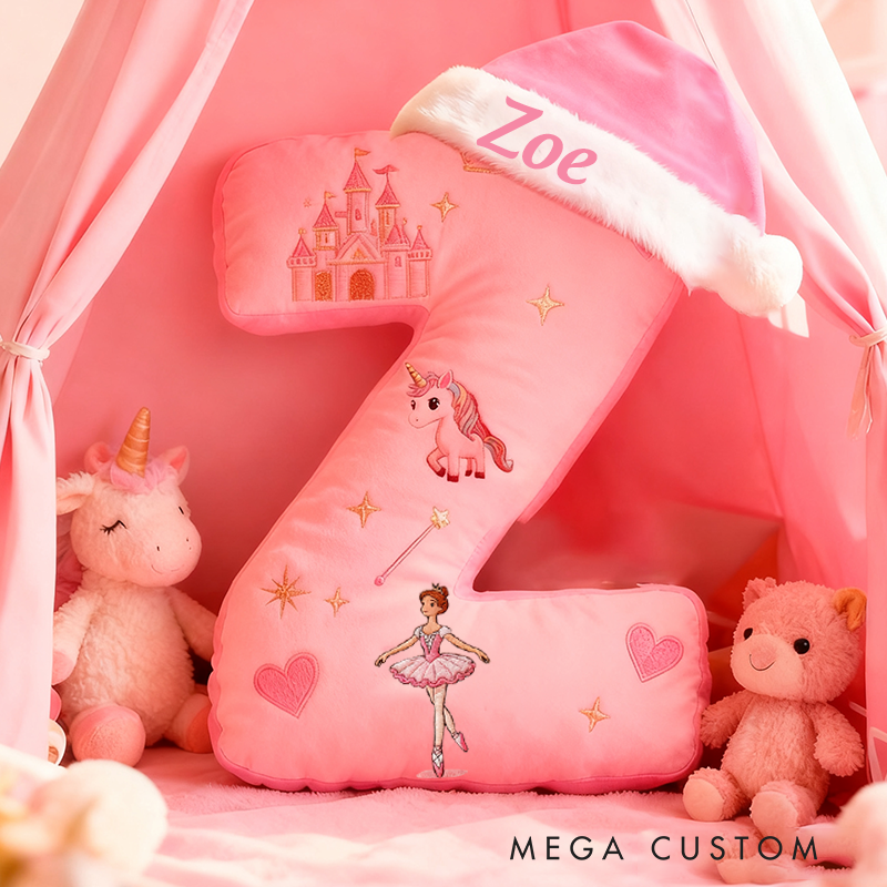 Personalized Pink Letter Pillow with Santa Hat Castle Ballerina Stars and Fairytale-Inspired Design Magic Graphic 3D Print Pillow