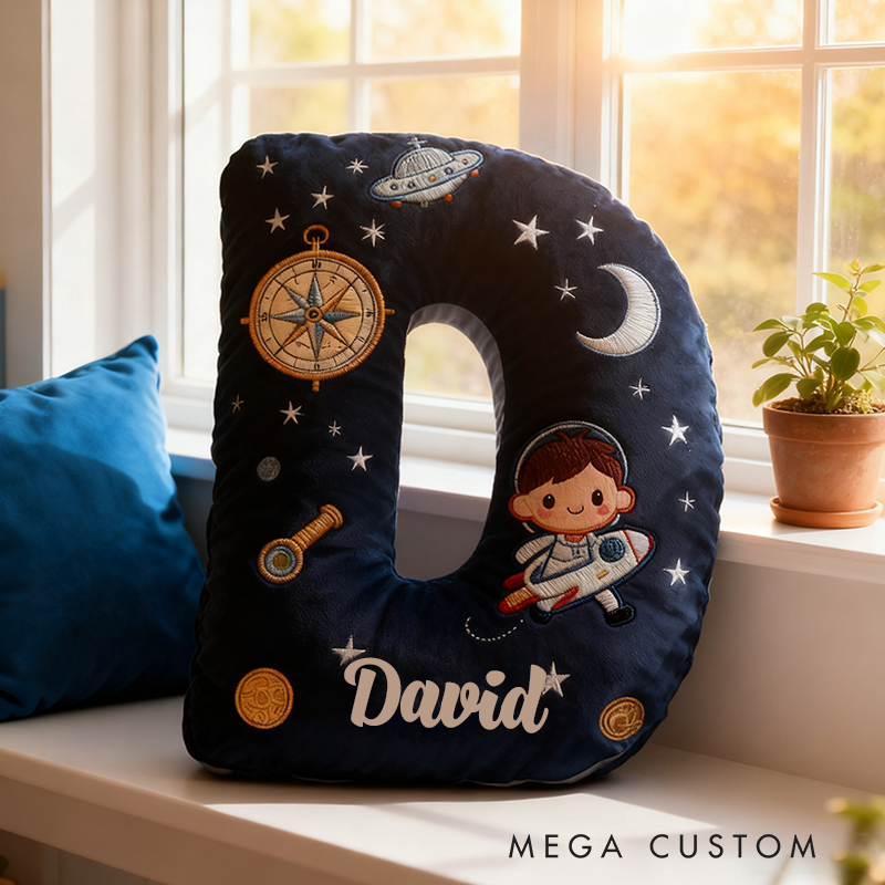 Personalized Space Themed Christmas Gift Pillow with Stars Moon Spaceship Compass Telescope and Astronaut Design Graphic 3D Print Pillow