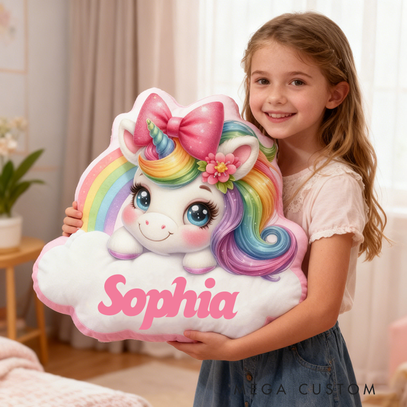 Personalized Christmas Gift Pillow Pastel Colors Custom Name and Whimsical Fantasy Style Graphic 3D Print Pillow for Kids