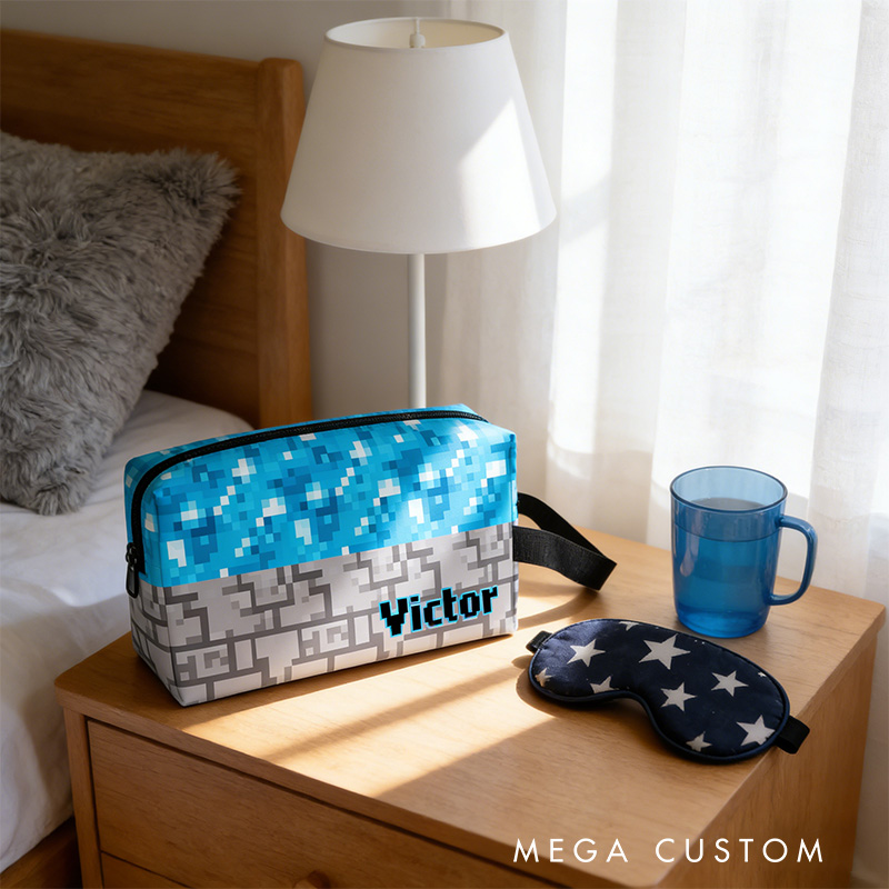 Personalized Pixel Diamond Portable Toiletry Bag with Zipper and Handle Dopp Kit Travel Accessory Birthday Gift for Game Lover Kids