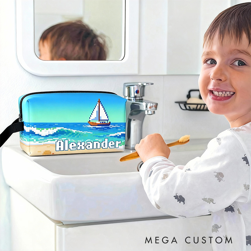 Personalized Pixel Ocean Game Portable Toiletry Bag with Zipper and Handle Dopp Kit Travel Accessory Birthday Gift for Game Lover Kids