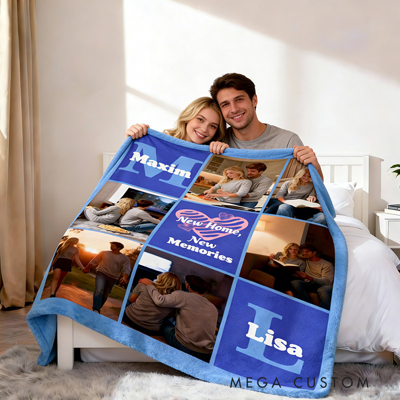 Personalized Heart 6 Photos Soft Throw Blanket with Name New Home Gift Valentine's Day for Couple Housewarming Gift 