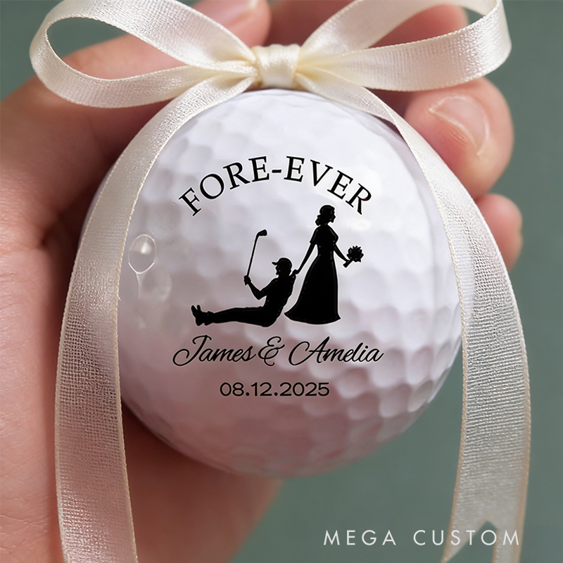 Personalized Bride and Groom Golf Ball with Wedding Silhouette and Details for Weddings and Anniversaries