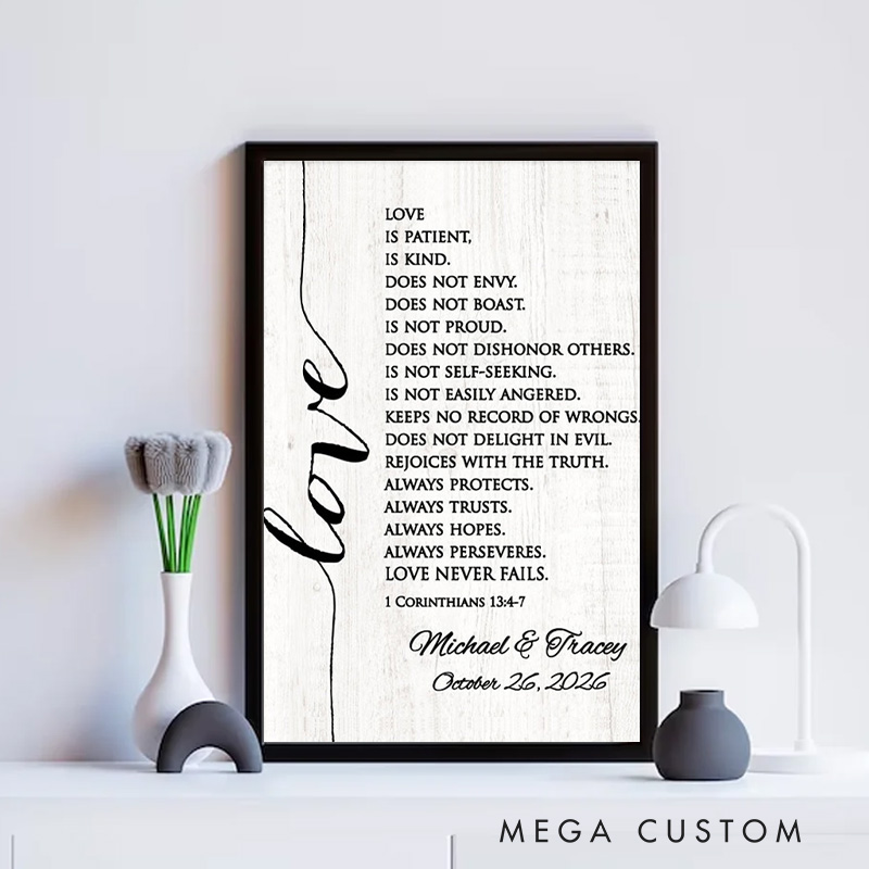 Personalized Corinthians Bible Verse Frameless Poster with Custom Couple Names Wedding Wall Decor Religious Gift for Couple