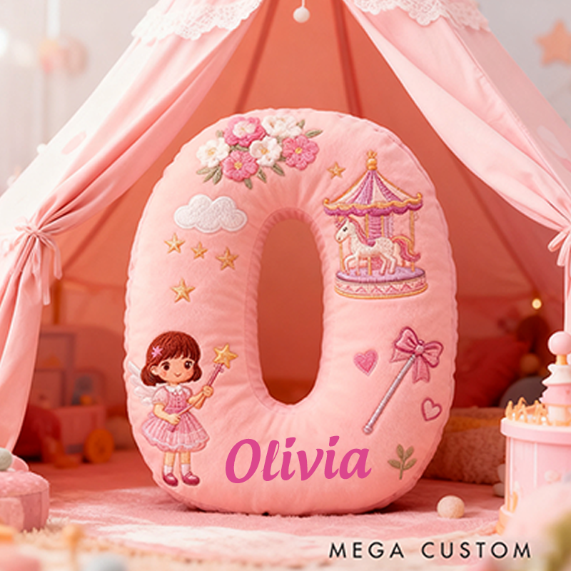 Personalized Pink Letter Christmas Gift Pillow Pink Fairy Tale Design Carousel Magic Wand Flowers and Whimsical Embroidery Graphic 3D Print Pillow