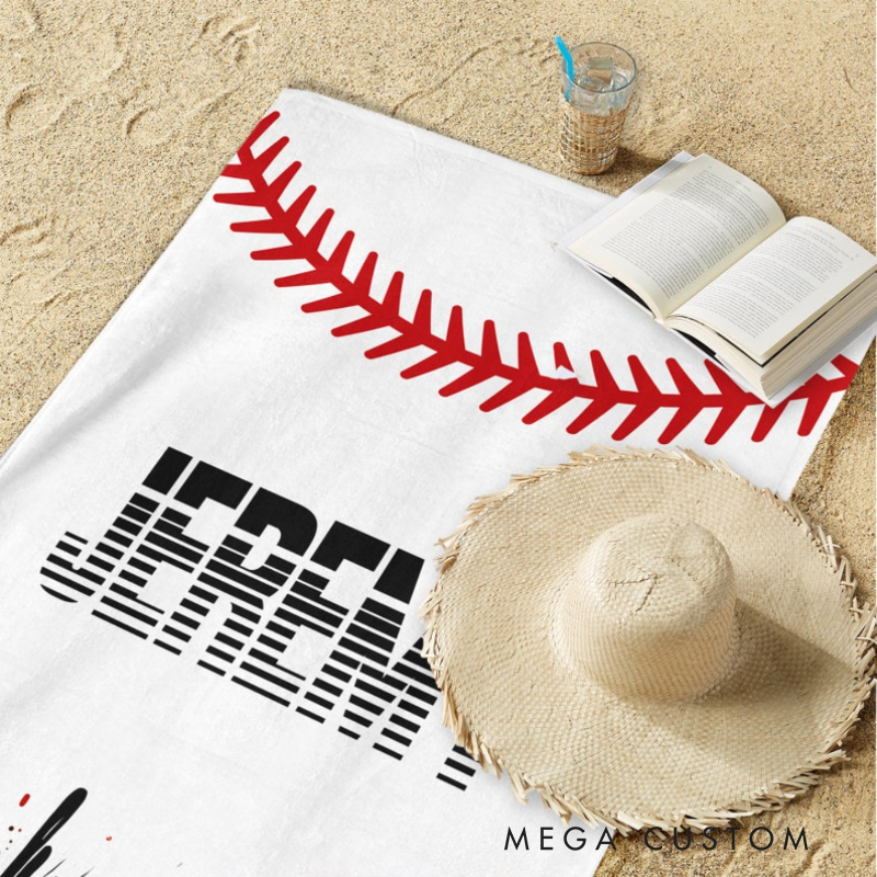 Personalized Baseball Beach Towel with Custom Name Number and Bold Baseball Design Perfect for Fans and Players