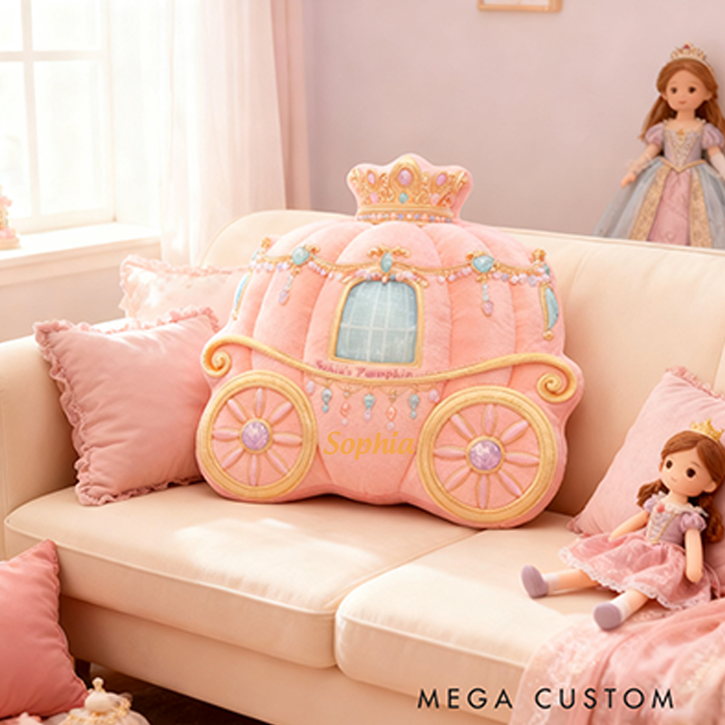 Personalized Princess Carriage Christmas Gift Pillow Soft Pastel Pink Theme and Custom Name Fairy Tale Inspired Room for Kids