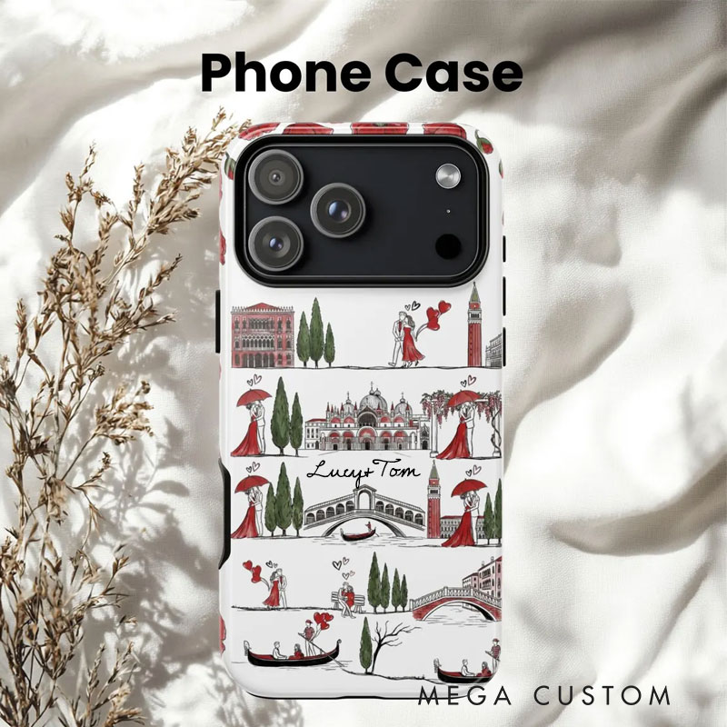 Personalized Romantic Venice Line Art Phone Case with Custom Name for Traveling Lovers 