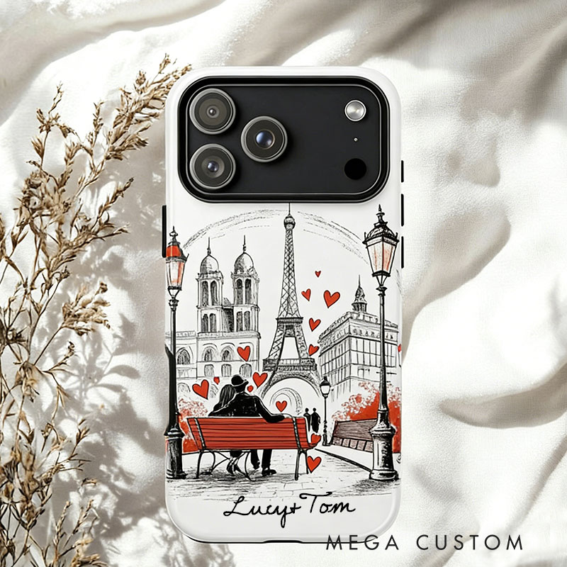 Personalized Romantic Paris Line Art Phone Case with Custom Name for Traveling Lovers 