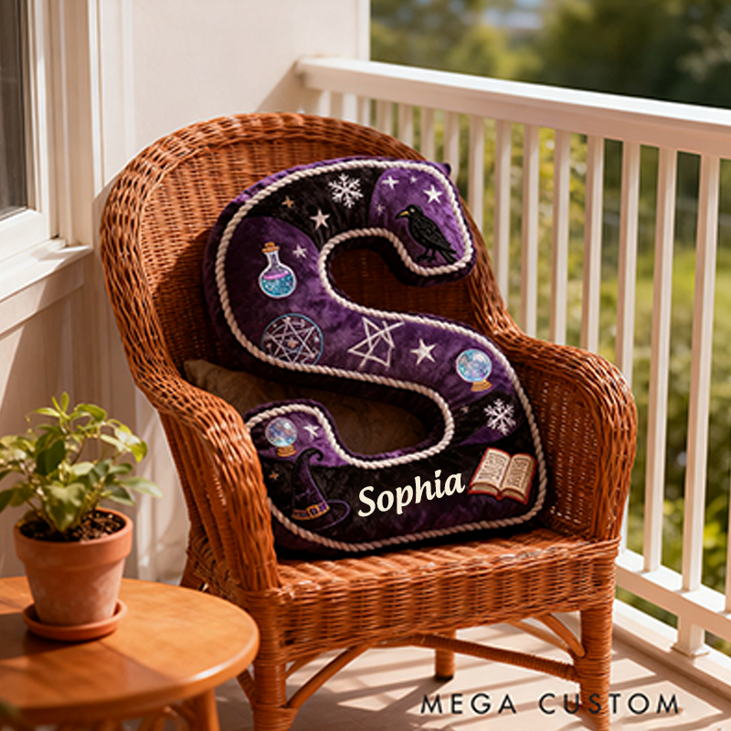 Personalized Witchy Letter Pillow Purple and Black Design and Mystical Embroidery Graphic 3D Print Pillow for Kids