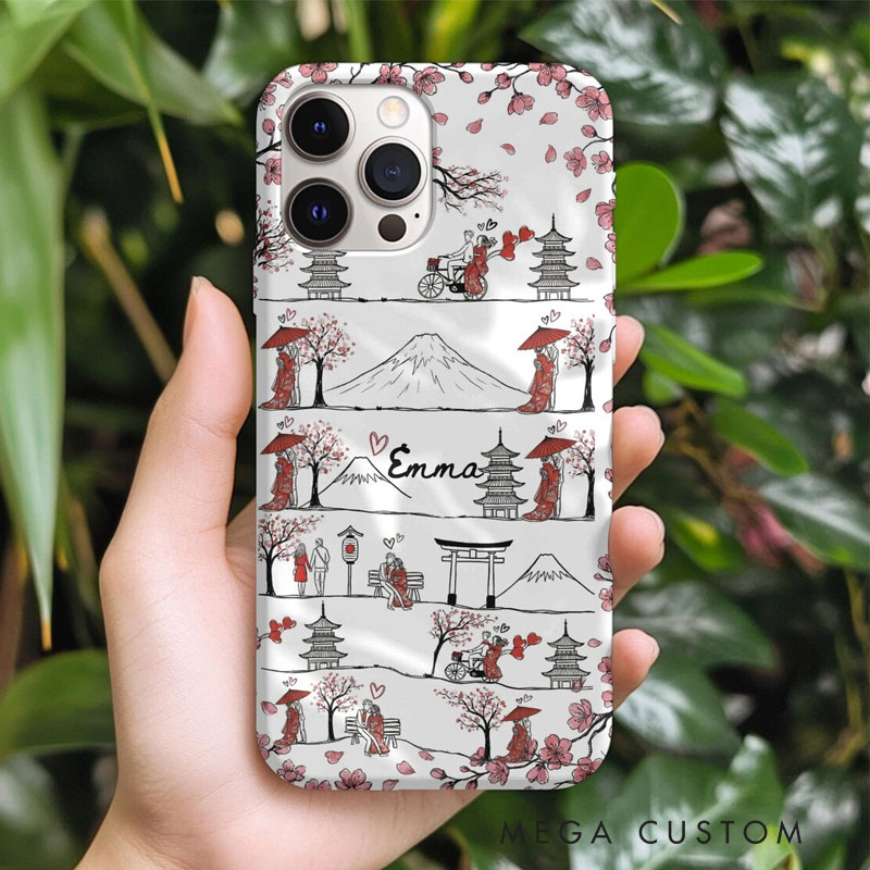 Personalized Romantic Sakura Japan Line Art Phone Case with Custom Name for Traveling Lovers 