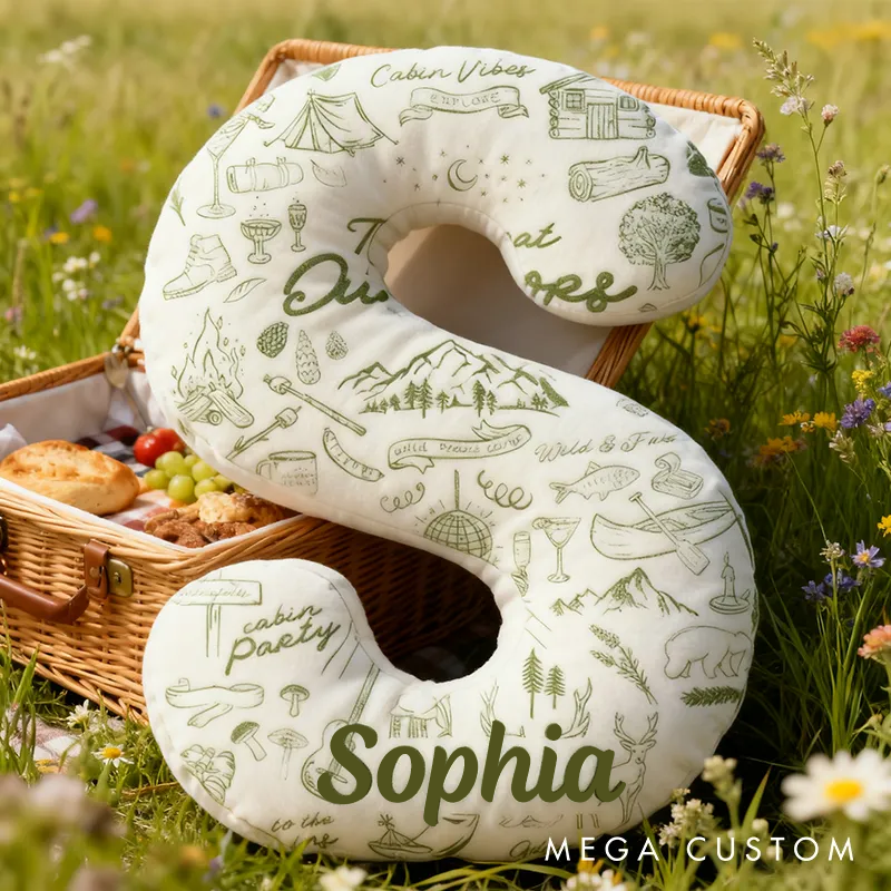 Personalized Outdoor Whimsical Pillow Drawn Elements Cabin Party Camping Wilderness Pillow Gift for Adventure Outdoor Canping Lover
