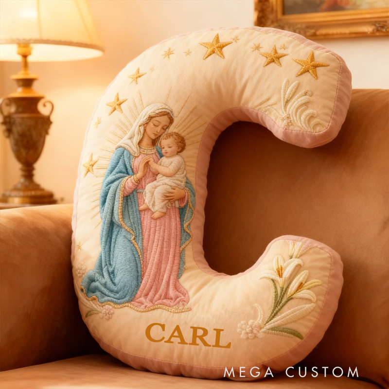 Personalized the Virgin Mary and Baby Jesus Letter Pillow with Custom Name Religious Home Decor Christian Gift Stars and Lily Graphic 3D Print Pillow