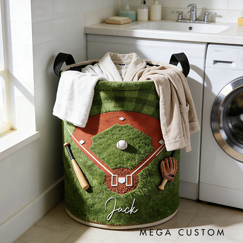 Personalized Baseball Laundry Basket with Custom Name and Field Design