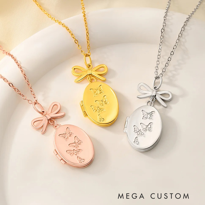 Personalized Vintage Oval Butterfly Photo Necklace with Bow Charm and Engraved Text Memorial Jewelry for Loss of Loved One