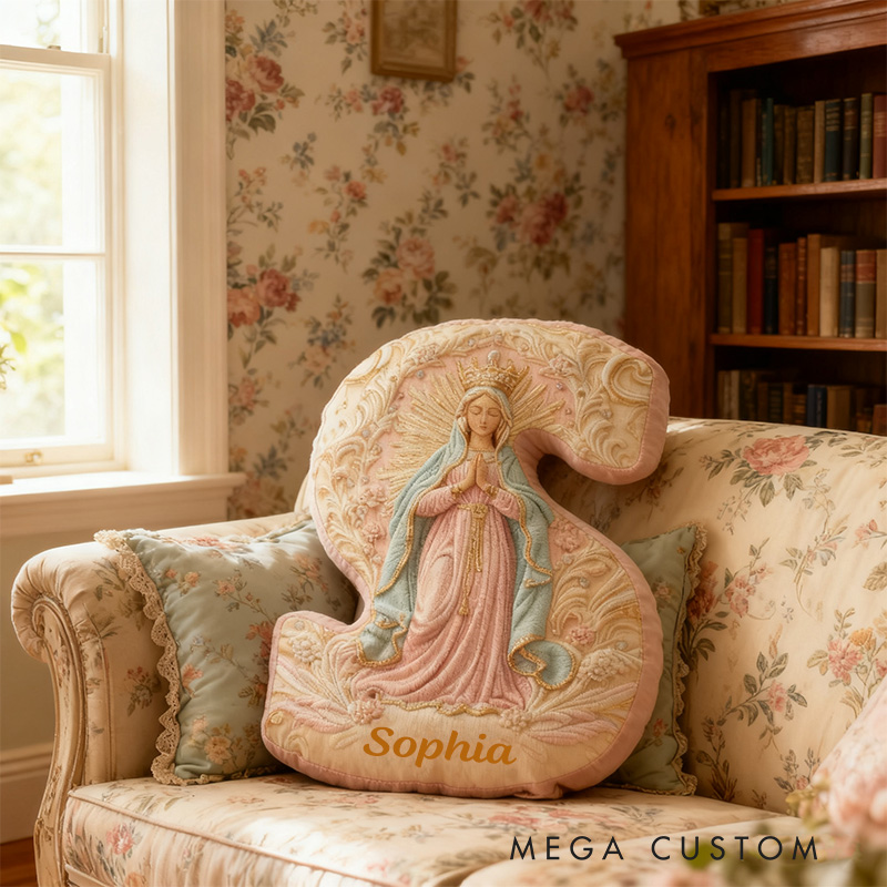 Personalized Golden Grace Virgin Mary Letter Pillow with Custom Name Home Decor Our Lady Pillow Catholic Marian Pillow Christian Gift Graphic 3D Print