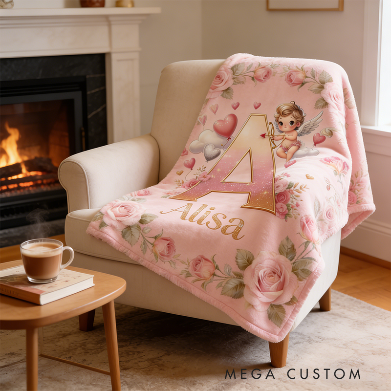 Personalized Cupid Themed Valentine's Day Gift Soft Throw Blanket with Name Home Decor Western Nursery Birthday Gift for Magic Friends