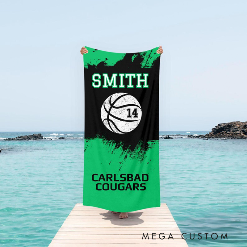 Personalized Basketball Beach Towel with Custom Name Number Team Name and Bold Design Perfect for Fans and Players
