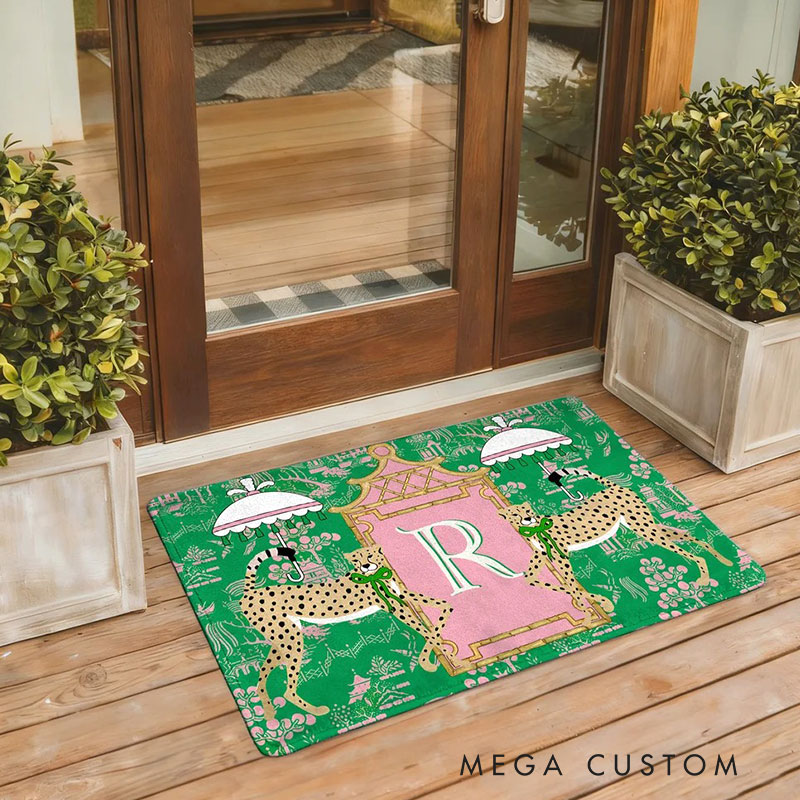 Personalized Leopard Pagoda Chinoiserie Non-Slip Door Mat with Initial Entryway Home Decor Housewarming Gift for Family