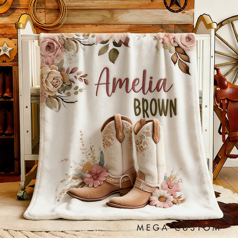 Personalized Floral Cowgirl Boots Western Soft Throw Blanket with Name Home Decor Western Nursery Birthday Gift for Cowgirls Friends