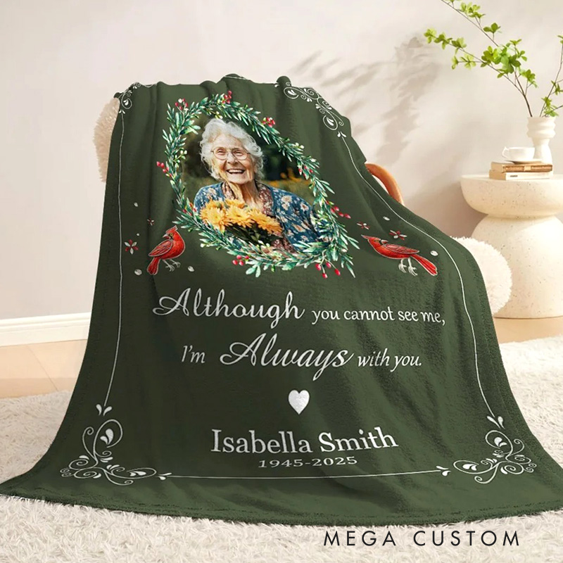 Personalized I'm Always with You Wreath Cardinal Soft Throw Blanket with Photo Name and Date Home Decor Memorial Gift for Family Friends