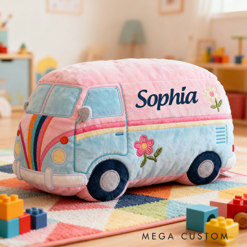 Personalized Hippie Van Pillow Pink and Blue Retro Design Floral Embroidery Boho Aesthetic Custom Pillow for Kids and Teens