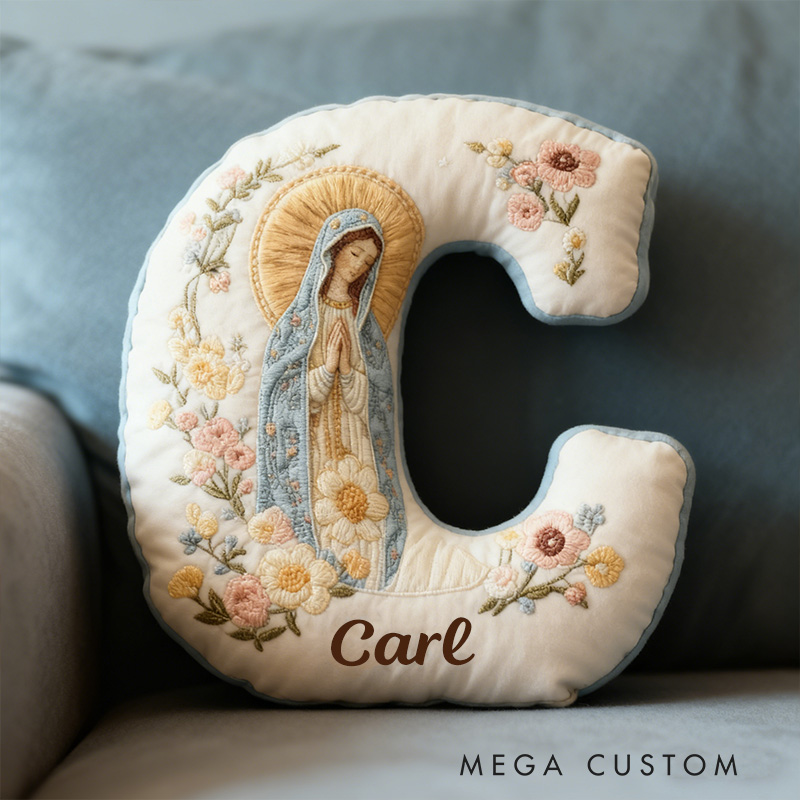 Personalized Virgin Mary Letter Pillow with Custom Name Home Decor Religious Gift for Her Catholic Gift for Women Floral Graphic 3D Print Pillow