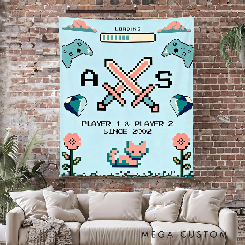 Personalized Loading Couple Tapestry Pixel Art Retro Video Game Tapestry Gift for Nerdy Wedding  Gaming Room Decor for Couples