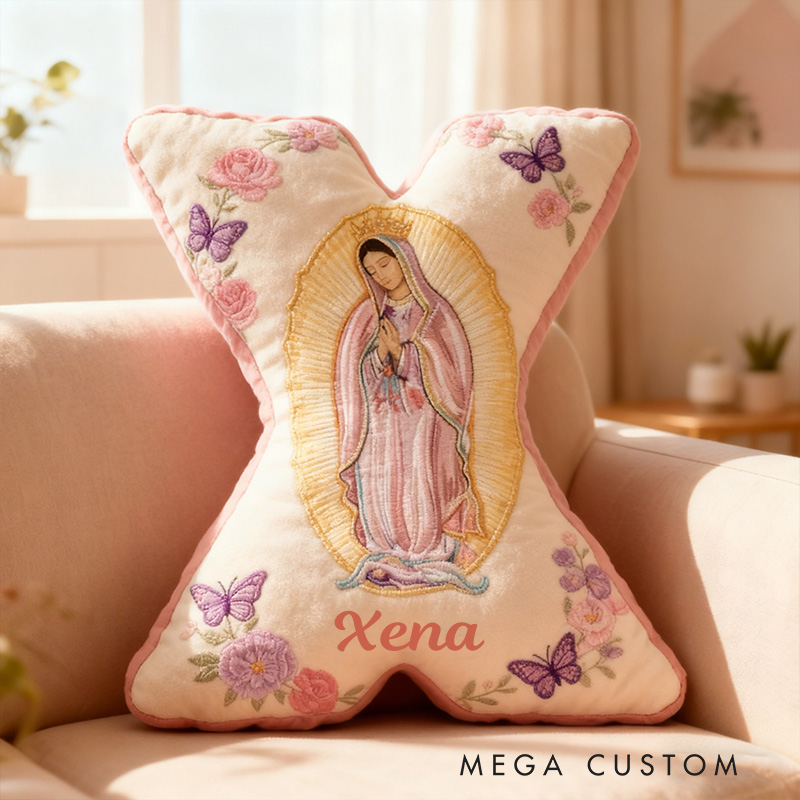 Personalized Virgin Mary Letter Pillow with Custom Name Faith Christian Home Decor Catholic Gift for Her Floral and Butterfly Graphic 3D Print Pillow