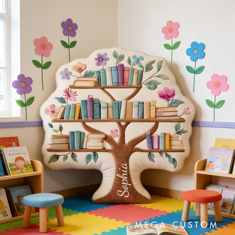 Personalized Tree Bookshelf Throw Pillow Graphic 3D Print Floral Bookshelf Pillow with Name for Book Lover Bookish Bookworm Reader Christmas Gift